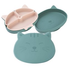 mommy's table 兒童款胖貓咪吸附式餐盤 食品級矽膠幼兒餐盤組, 食物托盤+內杯+蓋子, 草綠色、桃色, 1套