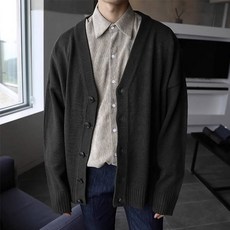 男士時尚潮流V領鈕扣寬鬆版長袖開襟衫