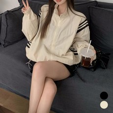 메이첼 여성용 스포티 배색라인 루즈핏 스트링 집업 점퍼 04554