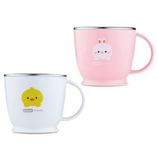 Edison 兒童好朋友防滑不鏽鋼湯杯 2種圖案組, 白色(鴨子)、粉紅(白兔), 1組