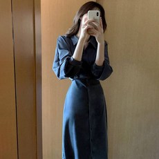 PEONIST 賓客裝鈕扣氣球袖長洋裝, 海軍藍