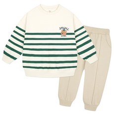 milkmile 童款小熊刺繡老錢風條紋長袖上衣+長褲套裝