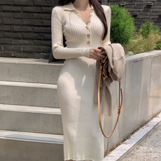 ViVEMO 修身羅紋針織長版連身裙 06122, 象牙白