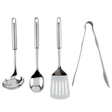 廚房盛開不鏽鋼 304 長柄湯匙 + 烹飪湯匙 + 鰭狀肢 + 自助餐鉗套裝, 湯勺 + 料理勺 + 鍋鏟 + 自助餐夾, 單一顏色, 1套