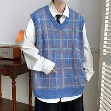 男士時尚潮流復古格紋圖案街頭V領針織背心