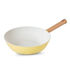 Sisem IH爐適用木質單柄陶瓷不沾深炒鍋 奶油黃, 28cm, 1個
