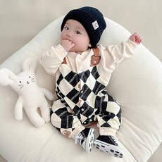 JOYMULTI 男童款小熊棋盤格背帶長袖連身衣