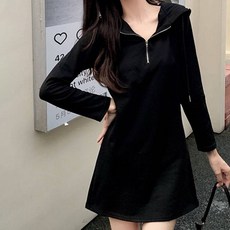 PEONIST 半拉鍊連帽領H字型迷你連身裙 含大尺碼, 黑色