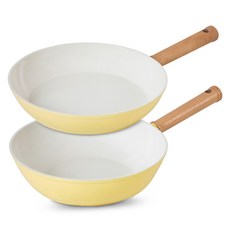 Sisem IH電磁爐適用陶瓷塗層鍋具2件組, 平底鍋 28cm+炒鍋 28cm, 奶油黃, 1組