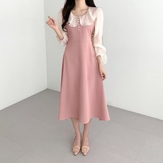 PEONIST 荷葉領襯衫A字長洋裝, 粉紅色