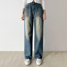 플랜데이 여성용 워싱 뒷밴딩 빅사이즈 와이드 데님 팬츠 롱