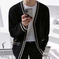 男士時尚潮流雙線條V領寬鬆長袖開襟衫