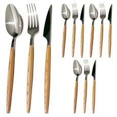木柄不銹鋼餐具 3件套, 勺子 4p + 叉子 4p + 刀 4p, 淺褐色, 4組
