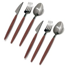 우드핸들 스텐 커트러리 양식기 3종 세트, 브라운, 스푼 2p + 포크 2p + 나이프 2p, 2세트