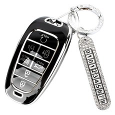 지엠지모터스 현대 7버튼 키홀더 열쇠고리 TPU 케이스 + 전화번호 스트랩, 블랙(키케이스), 실버(스트랩), AH-07