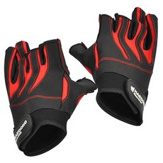 HAIDON 海東 網布三指切口釣魚手套 雙手套組, 黑色 + 紅色, 1套