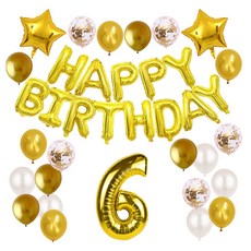 Everything Smile 生日快樂數字6拉旗 星星銀箔亮片混合氣球組 1198, 金色, 1套