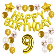 Everything Smile 生日快樂 數字 9 掛旗 星星 銀箔 亮片 混合氣球組 1198, 金色, 1套