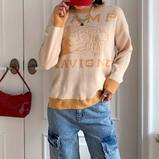 KnitNJean 女款寬鬆版側開衩不對稱撞色緹花Danas圓領針織衫