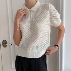 KnitNJean 女款棉質鏤空鈕扣翻領短袖針織衫