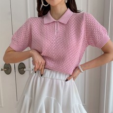 KnitNJean 女款棉質鏤空鈕扣Lupis翻領短袖針織衫
