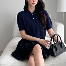 KnitNJean 女款棉質鏤空鈕扣翻領短袖針織衫