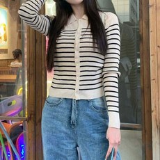 메이첼 여성용 카라넥 슬림핏 스트라이프 가디건 04757