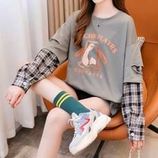 메이첼 여성용 라운드넥 유니크 프린팅 체크 소매 티셔츠 04745