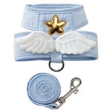 貓咪天使翅膀胸背帶 + 牽繩套組, 藍色