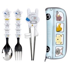 kitchen U 挖土機孩童訓練餐具組, 白色(餐具)、天藍色(盒子), 勺子+叉子+筷子+箱子, 1組