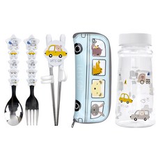 kitchen U 兒童款蹦蹦車子湯匙叉子餐具盒+Tritan水瓶 450ml組, 1組, 湯匙+叉子+筷子+盒子+水瓶, 白+黃+藍(筷子，勺子，叉子，水瓶），天藍色(盒子）