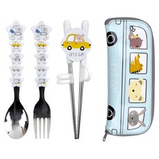 兒童用噗噗車筷子湯匙叉子餐具盒組, 白色 + 黃色 + 藍色(筷子, 湯匙, 叉子), 天空藍(外盒), 湯匙 + 叉子 + 筷子 + 外盒, 1套