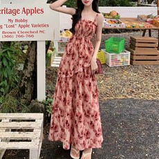 아이엠몽 여성용 로렌티 슬림핏 플로럴 하이 웨이스트 민소매 롱 원피스