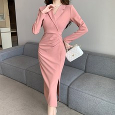 ViVEMO 法式翻領修身開衩連身裙 06327, 粉紅色