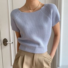 KnitNJean 女款柔軟泡泡袖拉克蘭圓領短袖Rekima針織衫