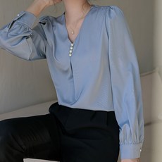 페이퍼먼츠 브이넥 진주 포인트 긴팔 블라우스 08947