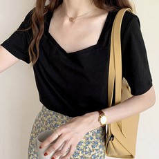 아뗄릭 여성용 통기성 빅사이즈 스퀘어넥 데일리 반팔 티셔츠 03589