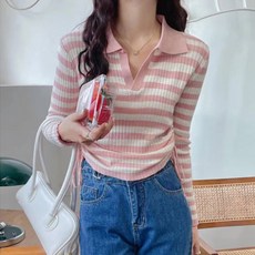 메이첼 여성용 카라넥 스트라이프 스트링 니트 티셔츠 04893
