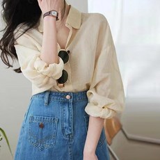 페이퍼먼츠 여성용 통기성 데일리 카라넥 린넨 셔츠 08977