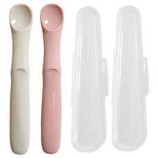 mommy's table 嬰幼兒一口食品級矽膠湯匙 2款 + 收納盒 2入 + 盒裝組, 迷霧玫瑰, 柔和米色(湯匙), 1套