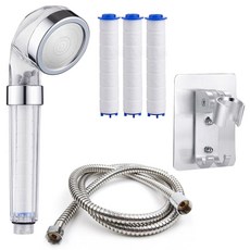 MONACO OLIVE 省水過濾蓮蓬頭 + 替換濾芯 3入 + 蓮蓬頭軟管 + 鋁製蓮蓬頭支架 組合, 透明(蓮蓬頭), 銀色(軟管, 支架), 1個