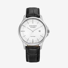 ROMANSON De Arbon Sleek Date 銀色錶盤黑色皮革手錶 RWCBMM5A1000WHWH0 + 禮品包裝