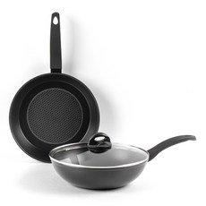 HOMEPOWE IH感應爐適用鍋具 3件組, 平底鍋 28cm+深炒鍋 28cm+玻璃鍋蓋 28cm, 黑色, 1組