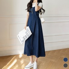 MEICHEL 大尺碼吊帶背心牛仔連身裙 04917 J, 深藍色