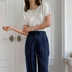 뜨개진 여성용 코튼 숄더버튼 마레모라운드넥 반팔 니트