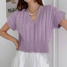 針織女款棉質麻花V領短袖Peipa背心開襟衫
