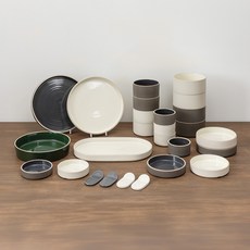 YOON CERAMICS Cha-gok 4人餐具組 26p, 炭灰色 + 深綠色 + 象牙白, 餐具10種, 1套