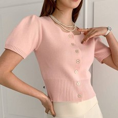 針織女款人造絲肩部抓皺方領短袖針織衫 Aragon 開襟衫