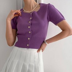 針織女款人造絲肩部抓皺方領短袖針織衫 Aragon 開襟衫