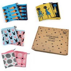 Sunwooland 紗布抹布 魚 + 貓 + 兔子 + 豌豆 + 禮物盒 套組, 1套